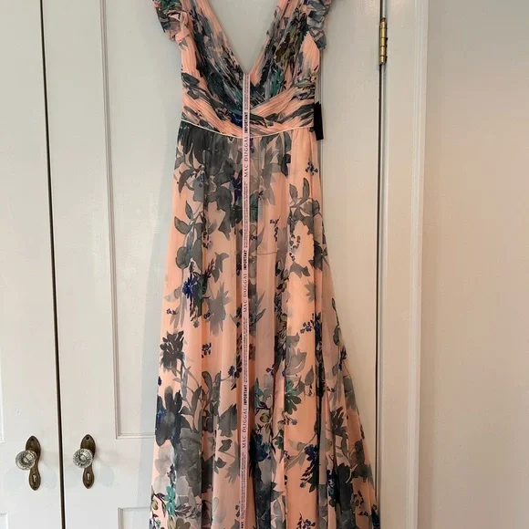 Floral Wrap Maxi Mac Duggal Dress in Peach and Blue - Picture 2 of 5